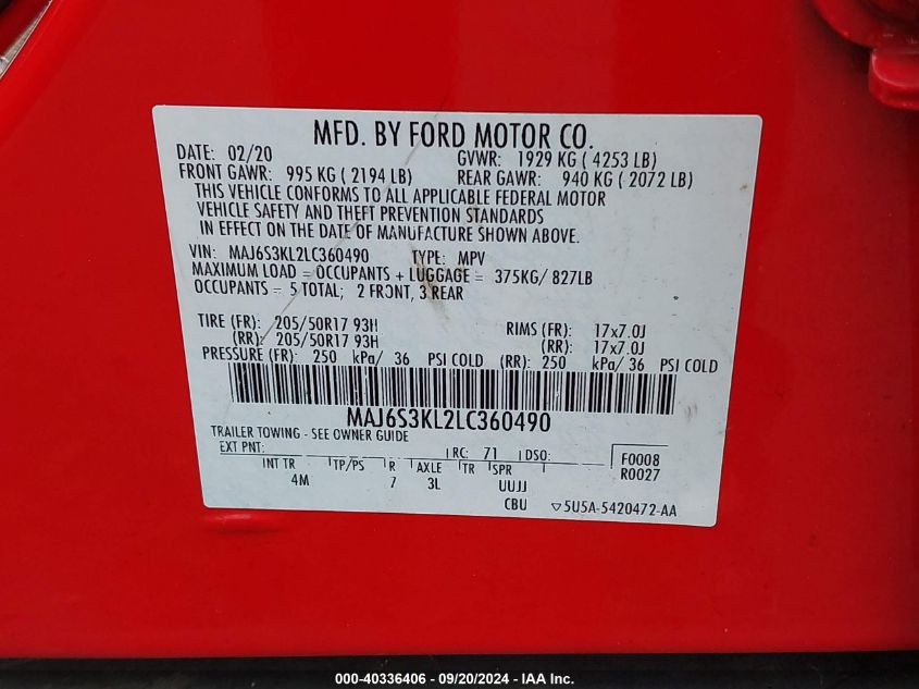 2020 Ford Ecosport Titanium VIN: MAJ6S3KL2LC360490 Lot: 40336406