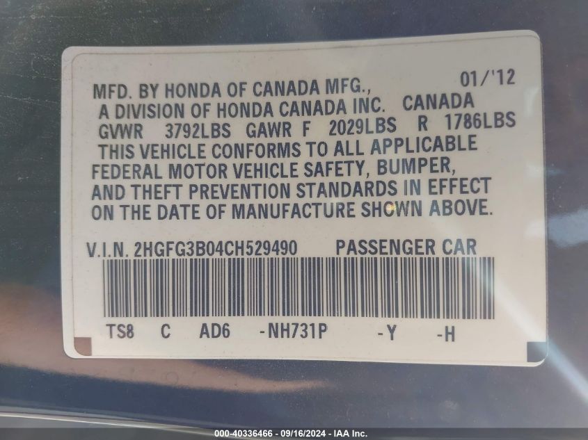 2HGFG3B04CH529490 2012 Honda Civic Exl