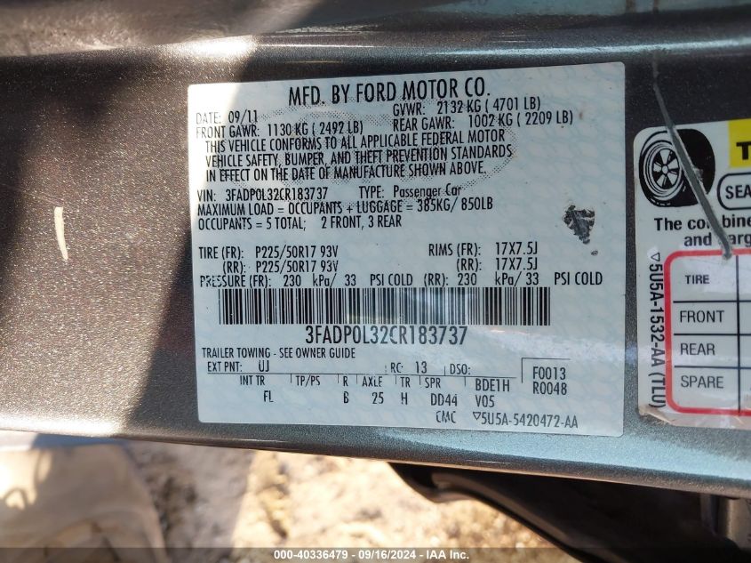 2012 Ford Fusion Hybrid VIN: 3FADP0L32CR183737 Lot: 40336479