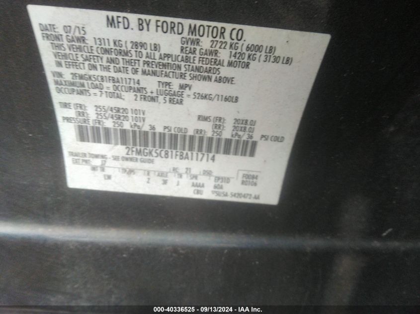 2FMGK5C81FBA11714 2015 Ford Flex Sel