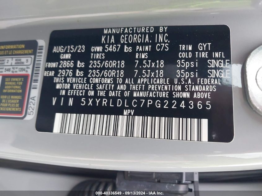 2023 Kia Sorento X-Line S VIN: 5XYRLDLC7PG224365 Lot: 40336549