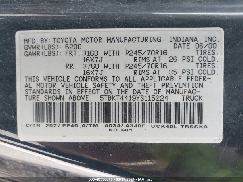 2000 Toyota Tundra Sr5 V8 VIN: 5TBKT4419YS115224 Lot: 40336616