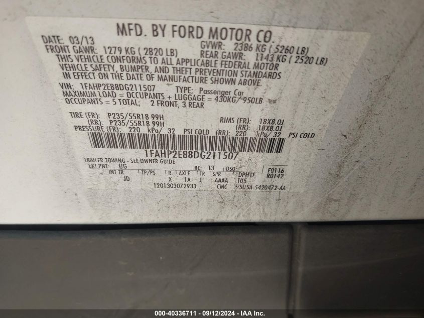 1FAHP2E88DG211507 2013 Ford Taurus Sel