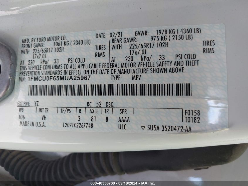 2021 FORD ESCAPE S - 1FMCU0F65MUA25967