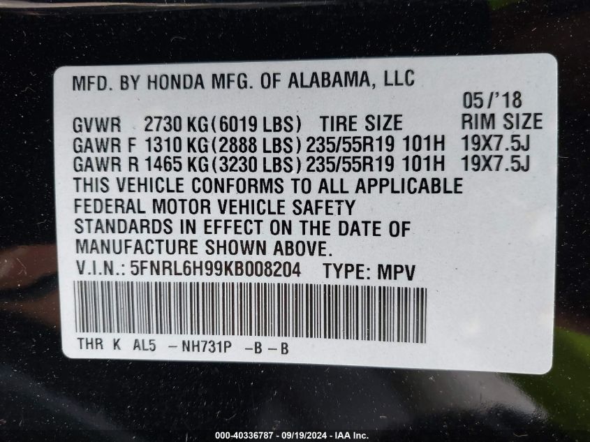 5FNRL6H99KB008204 2019 Honda Odyssey Elite