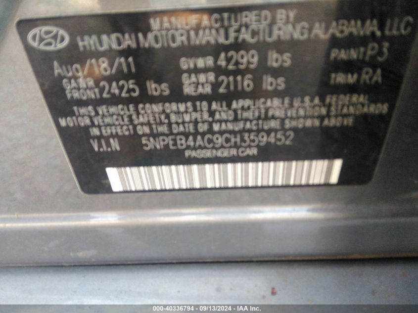 5NPEB4AC9CH359452 2012 Hyundai Sonata Gls