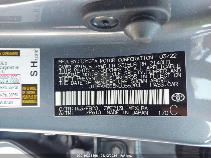 2022 Toyota Corolla Hybrid Le VIN: JTDEAMDE8NJ056284 Lot: 40336806