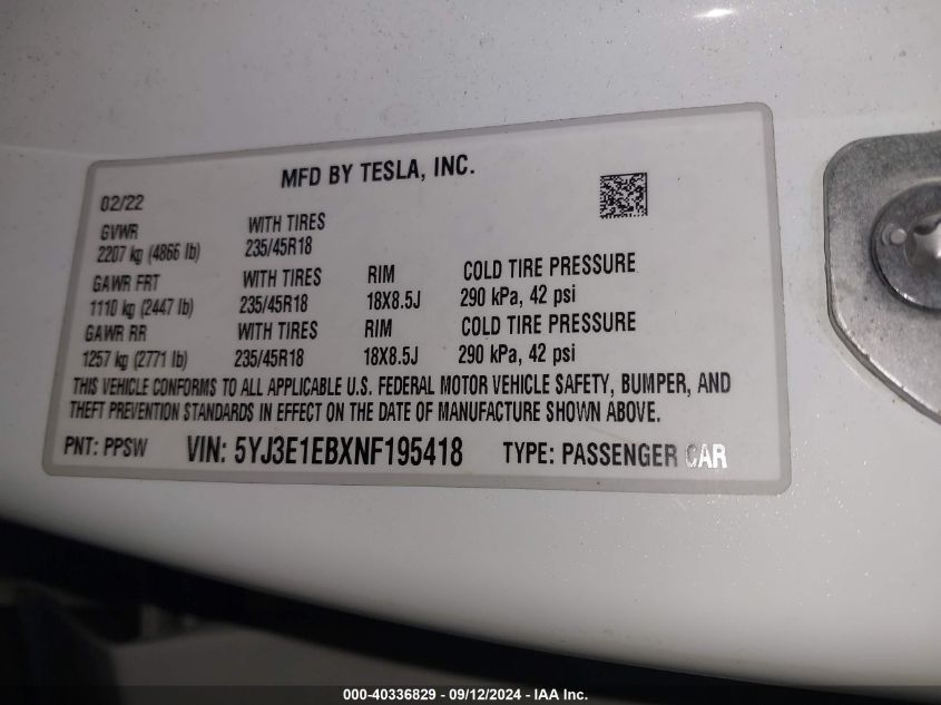 2022 Tesla Model 3 Long Range Dual Motor All-Wheel Drive VIN: 5YJ3E1EBXNF195418 Lot: 40336829