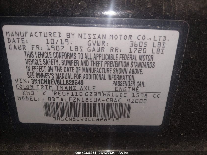 2020 Nissan Versa Sv VIN: 3N1CN8EV8LL828549 Lot: 40336954