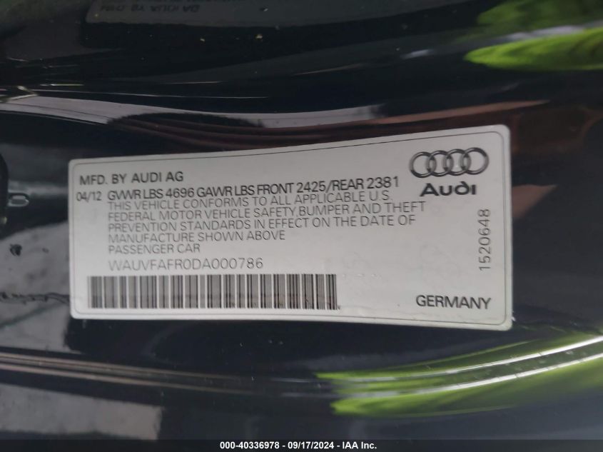 2013 Audi A5 2.0T Premium VIN: WAUVFAFR0DA000786 Lot: 40336978