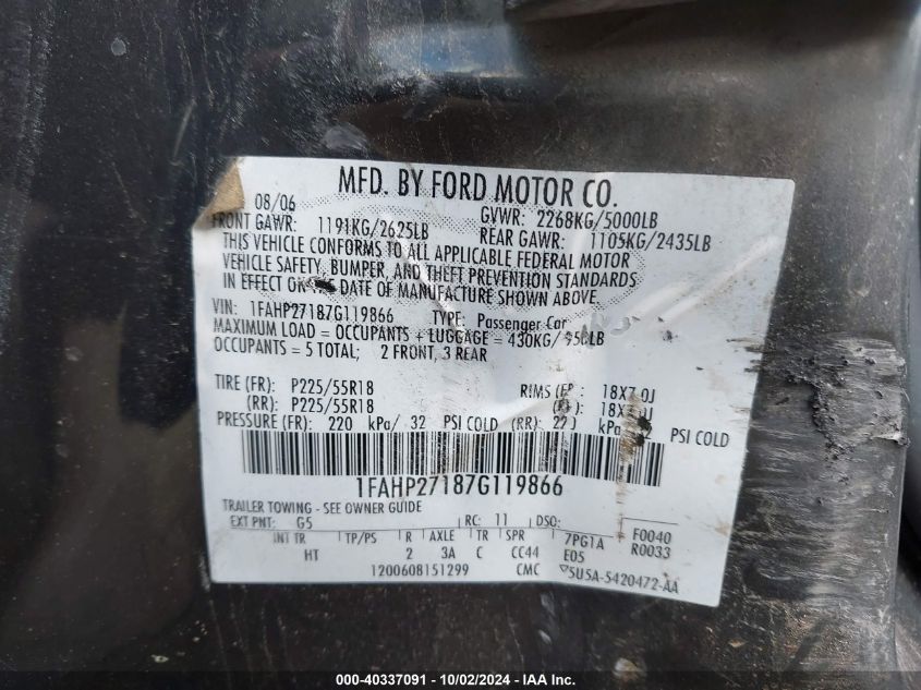 1FAHP27187G119866 2007 Ford Five Hundred Sel