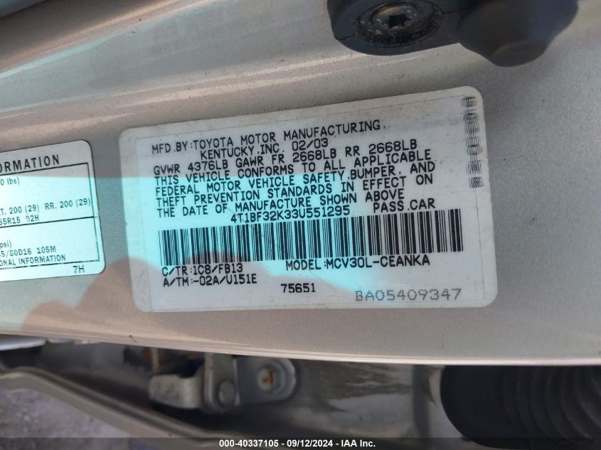 4T1BF32K33U551295 2003 Toyota Camry Le/Xle/Se