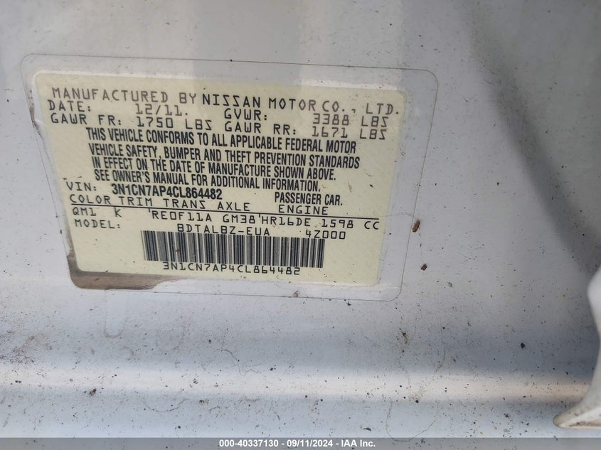 2012 Nissan Versa 1.6 Sv VIN: 3N1CN7AP4CL864482 Lot: 40337130