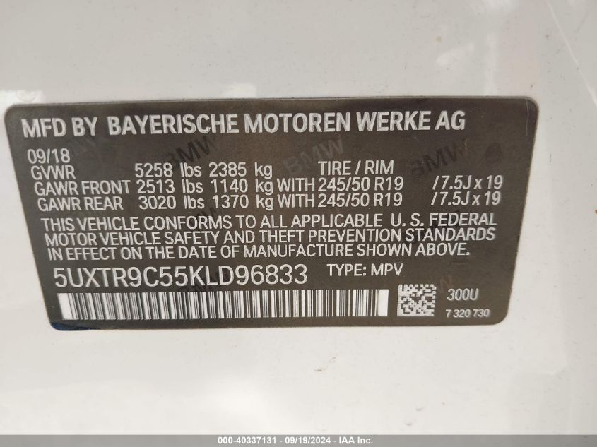 5UXTR9C55KLD96833 2019 BMW X3 xDrive30I