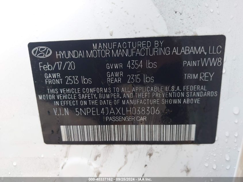 2020 Hyundai Sonata Sel VIN: 5NPEL4JAXLH038306 Lot: 40337162