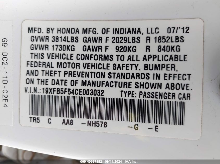 2012 Honda Civic Natural Gas VIN: 19XFB5F54CE003032 Lot: 40337182