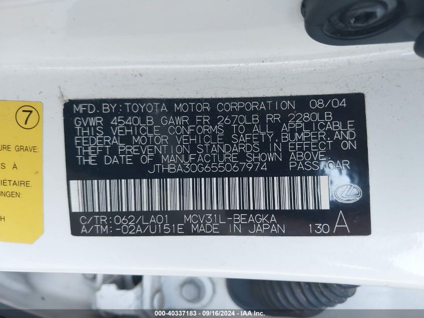 JTHBA30G655067974 2005 Lexus Es 330