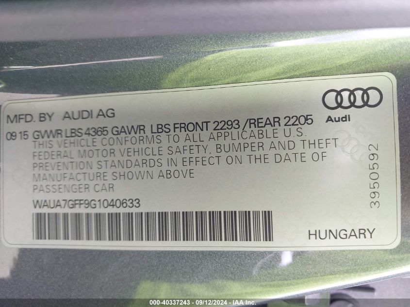 WAUA7GFF9G1040633 2016 Audi A3 1.8T Premium