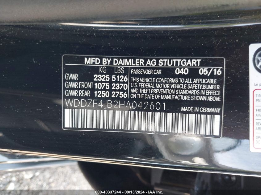 2017 Mercedes-Benz E 300 VIN: WDDZF4JB2HA042601 Lot: 40337244