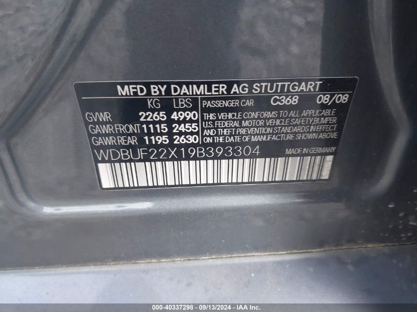 WDBUF22X19B393304 2009 Mercedes-Benz E 320 Bluetec 320 Cdi