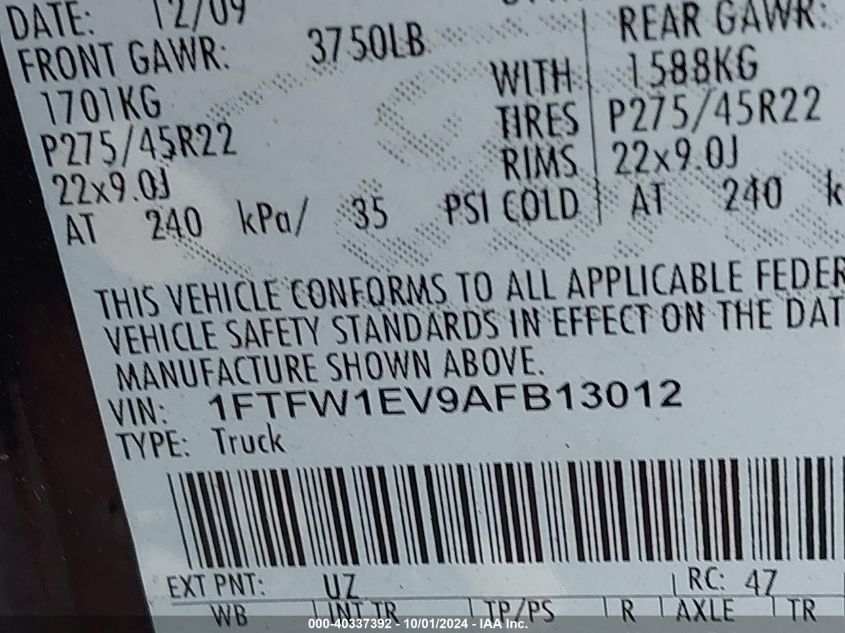 1FTFW1EV9AFB13012 2010 Ford F-150 Fx4/Harley-Davidson/King Ranch/Lariat/Platinum/Xl/Xlt