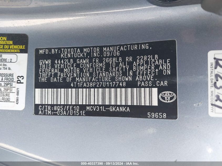 4T1FA38P27U117748 2007 Toyota Camry Solara Se