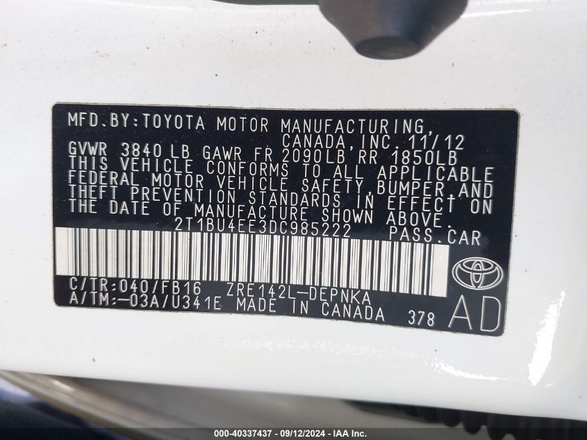 VIN 2T1BU4EE3DC985222 2013 Toyota Corolla, Le/Le Sp... no.9