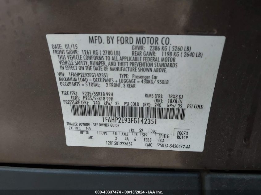 1FAHP2E93FG142351 2015 Ford Taurus Sel