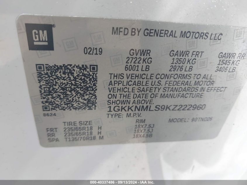 1GKKNMLS9KZ222960 2019 GMC Acadia Slt-1