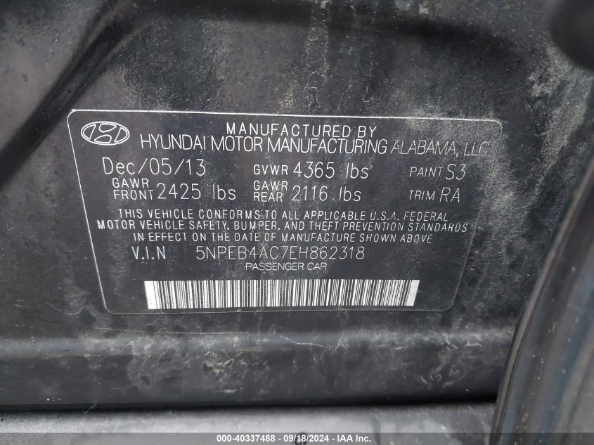 5NPEB4AC7EH862318 2014 Hyundai Sonata Gls