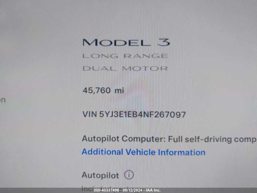 2022 Tesla Model 3 Long Range Dual Motor All-Wheel Drive VIN: 5YJ3E1EB4NF267097 Lot: 40337496