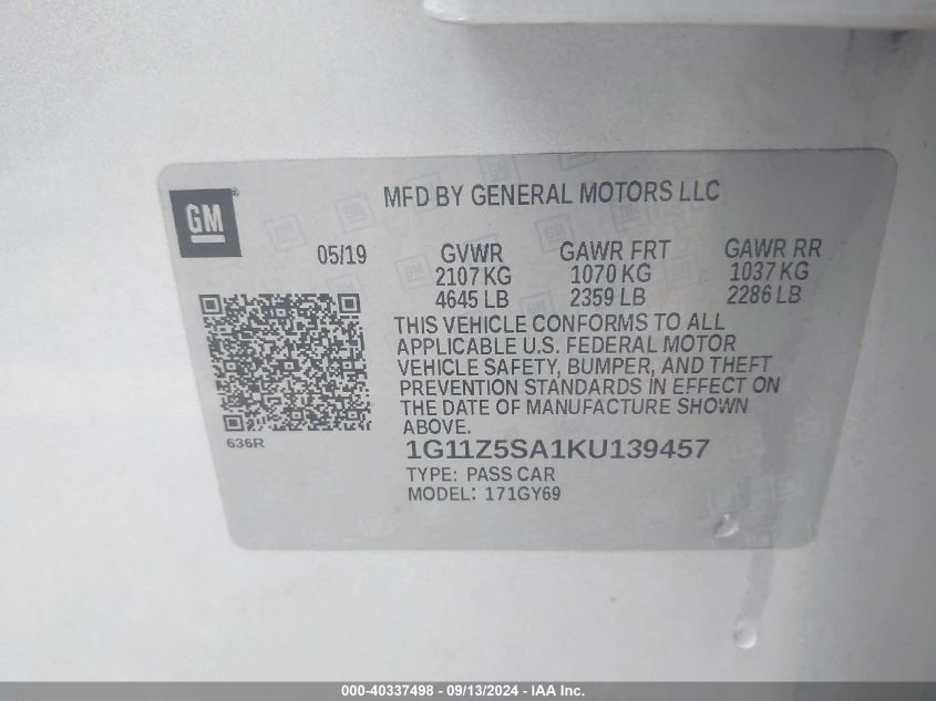 1G11Z5SA1KU139457 2019 Chevrolet Impala Lt