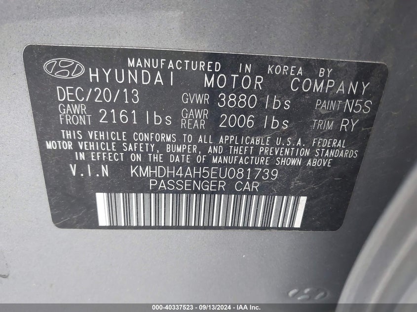 KMHDH4AH5EU081739 2014 Hyundai Elantra Se/Sport/Limited