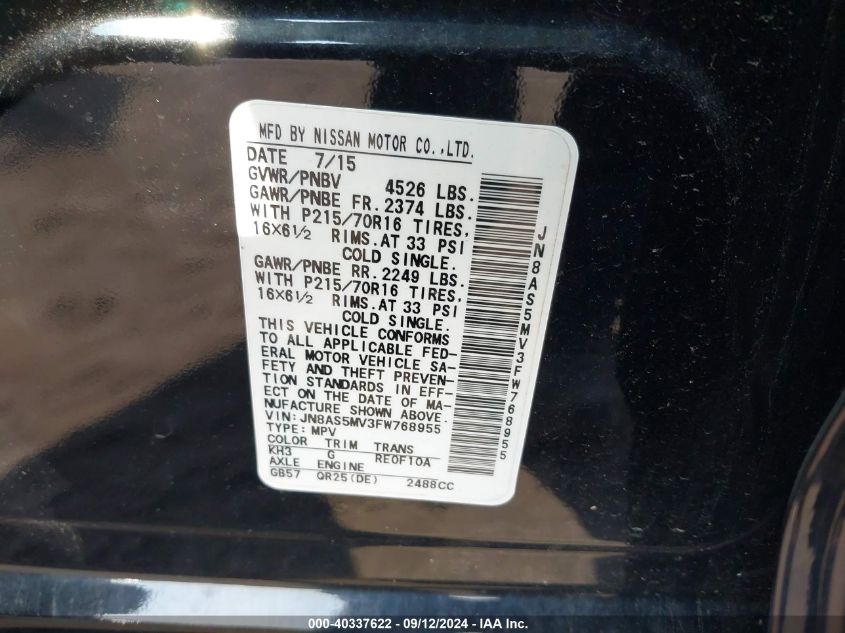 2015 Nissan Rogue Select S VIN: JN8AS5MV3FW768955 Lot: 40337622