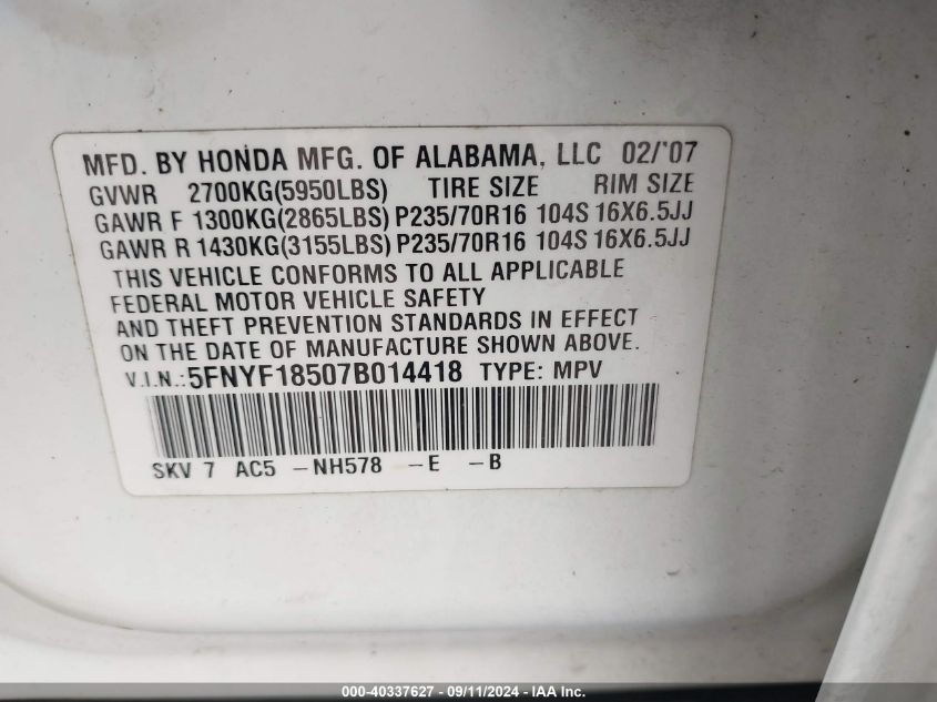2007 Honda Pilot Ex-L VIN: 5FNYF18507B014418 Lot: 40337627
