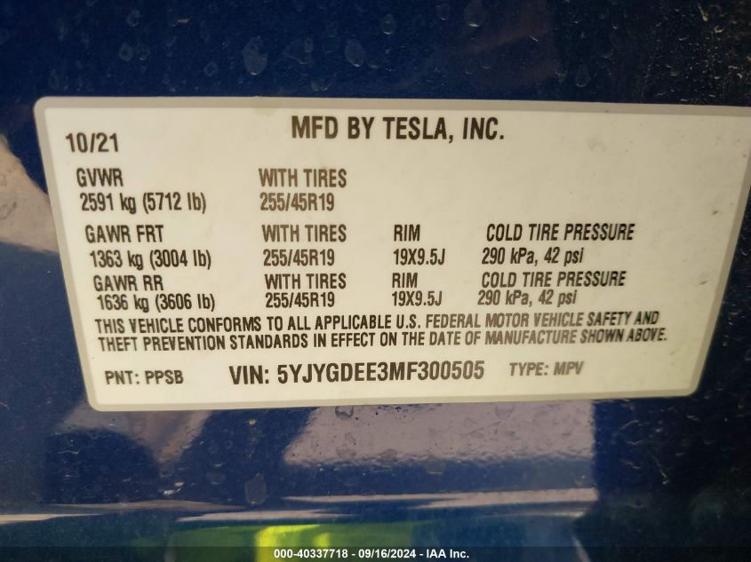 2021 Tesla Model Y Long Range Dual Motor All-Wheel Drive VIN: 5YJYGDEE3MF300505 Lot: 40337718