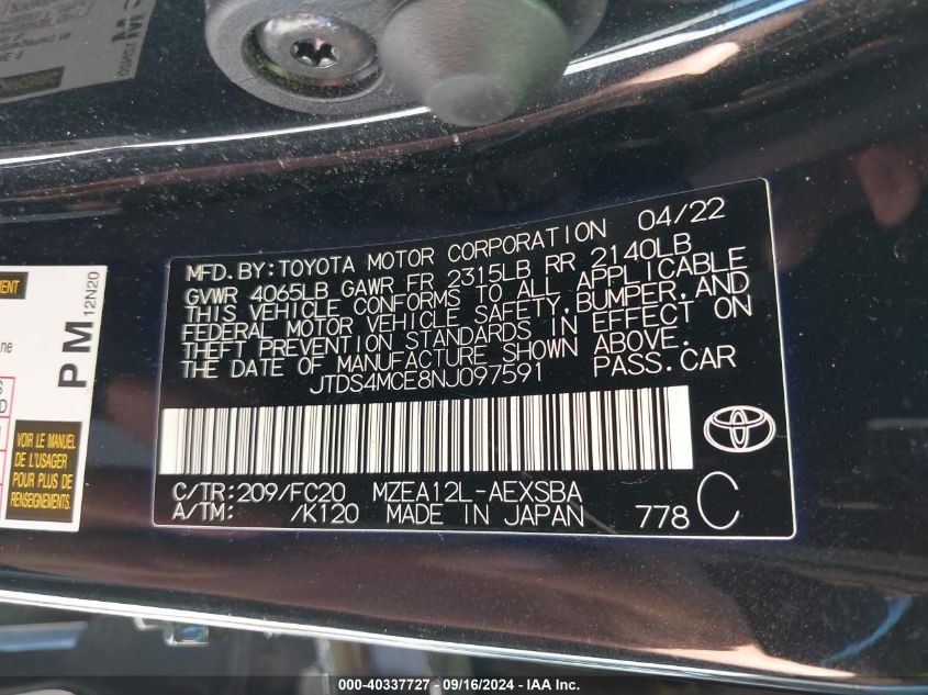 2022 Toyota Corolla Se VIN: JTDS4MCE8NJ097591 Lot: 40337727