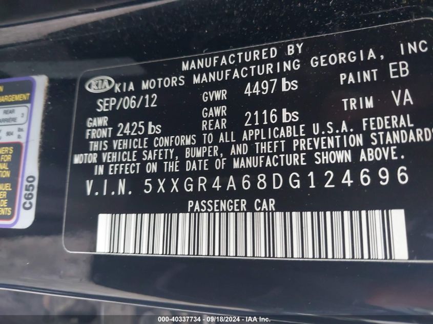 2013 Kia Optima Sx VIN: 5XXGR4A68DG124696 Lot: 40337734