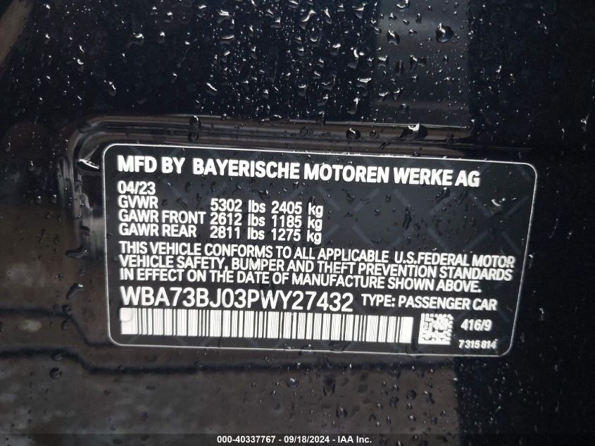 2023 BMW 540 I xDrive VIN: WBA73BJ03PWY27432 Lot: 40337767