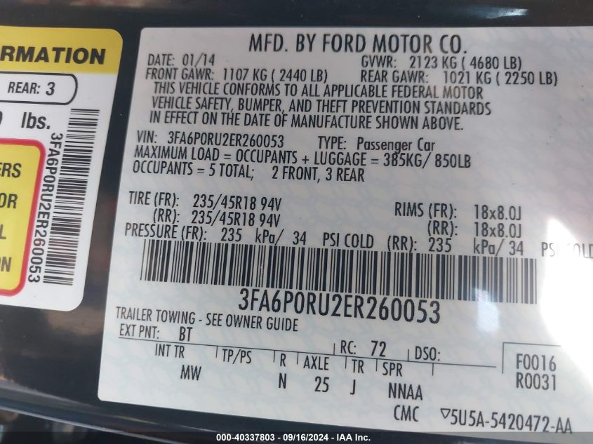 2014 Ford Fusion Hybrid Titanium VIN: 3FA6P0RU2ER260053 Lot: 40337803