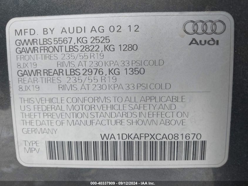 2012 Audi Q5 3.2 Premium Plus VIN: WA1DKAFPXCA081670 Lot: 40337909