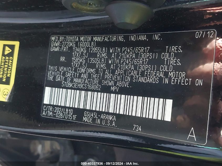 2012 Toyota Highlander Se VIN: 5TDBK3EH9CS168062 Lot: 40337936