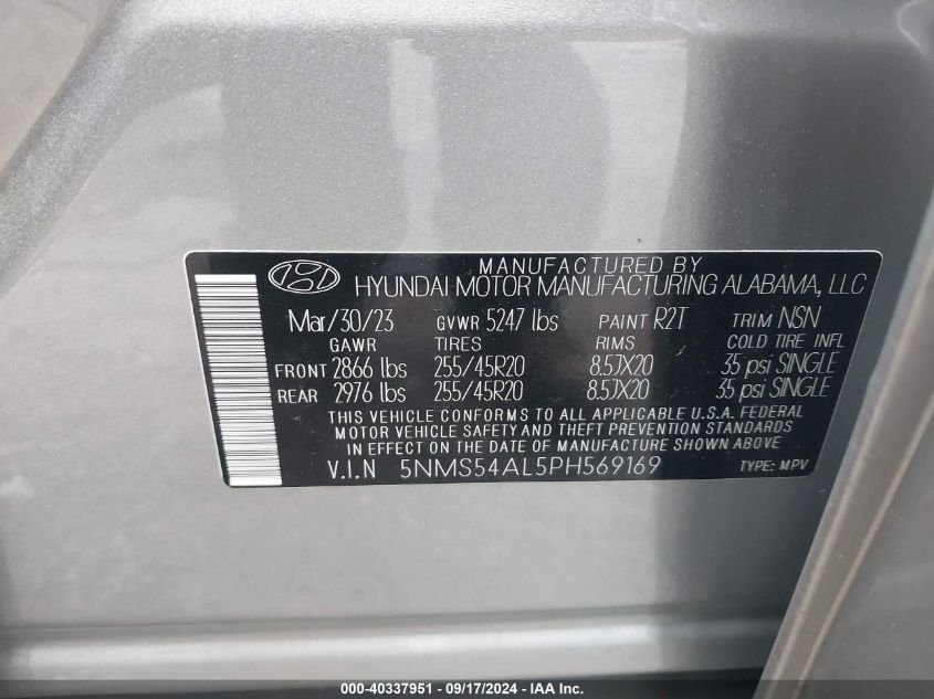 2023 Hyundai Santa Fe Calligraphy VIN: 5NMS54AL5PH569169 Lot: 40337951