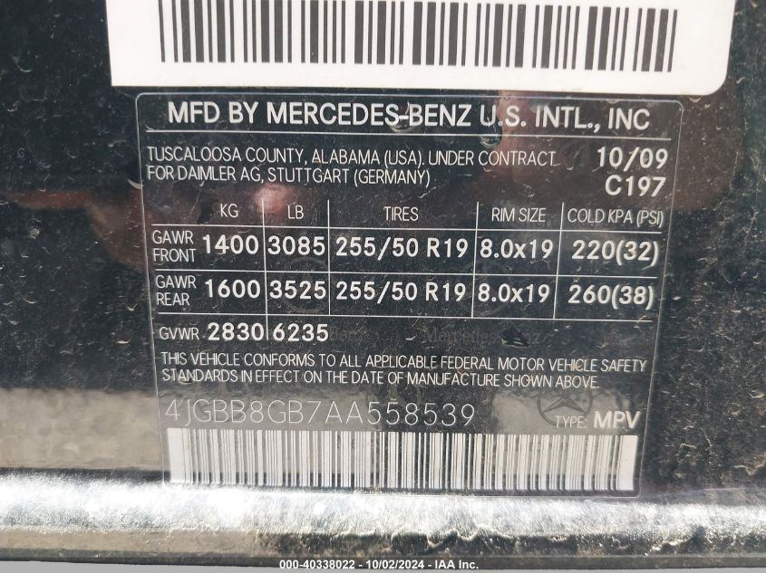 4JGBB8GB7AA558539 2010 Mercedes-Benz Ml 350 4Matic