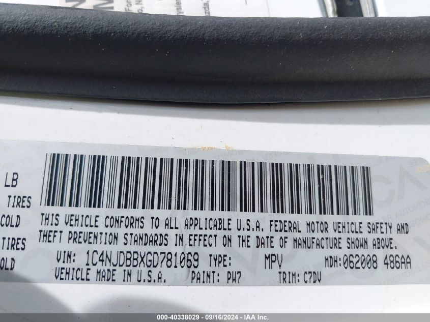 2016 Jeep Compass Sport VIN: 1C4NJDBBXGD781069 Lot: 40338029