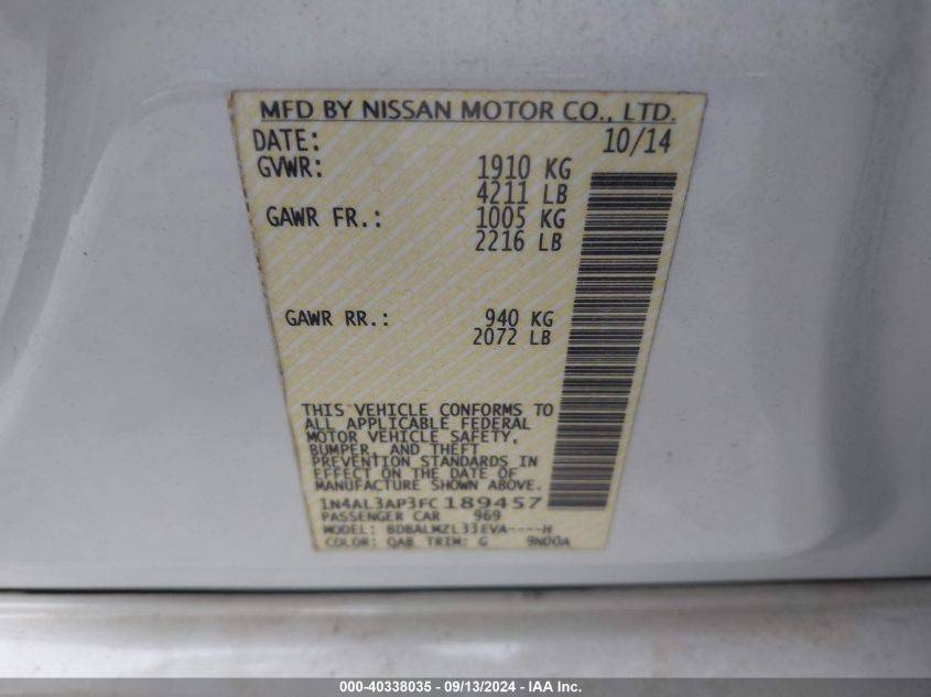 1N4AL3AP3FC189457 2015 Nissan Altima 2.5 Sv