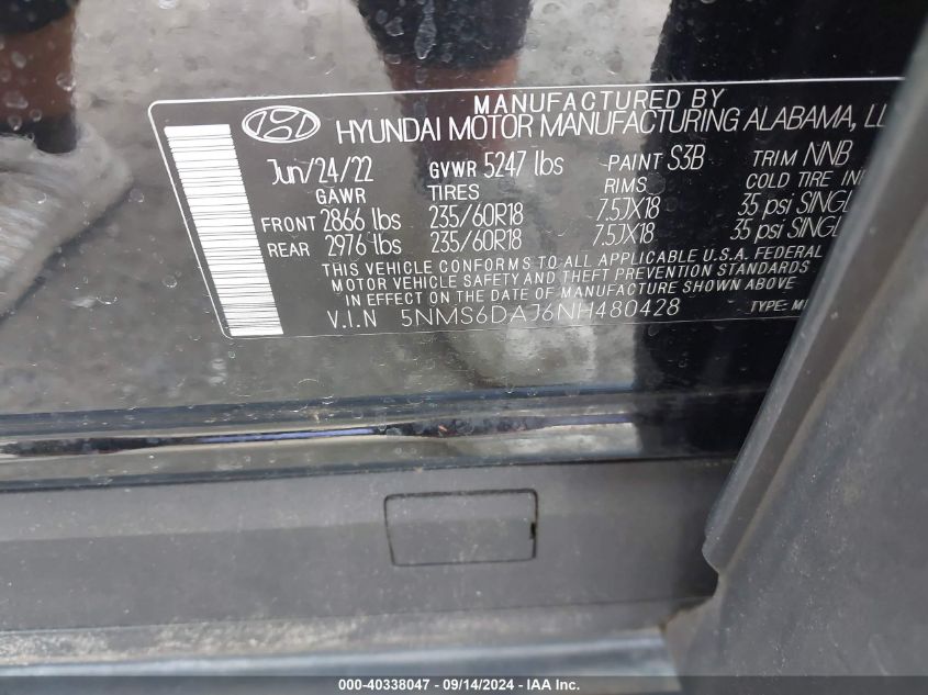 2022 Hyundai Santa Fe Xrt VIN: 5NMS6DAJ6NH480428 Lot: 40338047