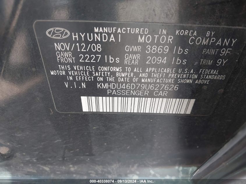 2009 Hyundai Elantra Se VIN: KMHDU46D79U627626 Lot: 40338074