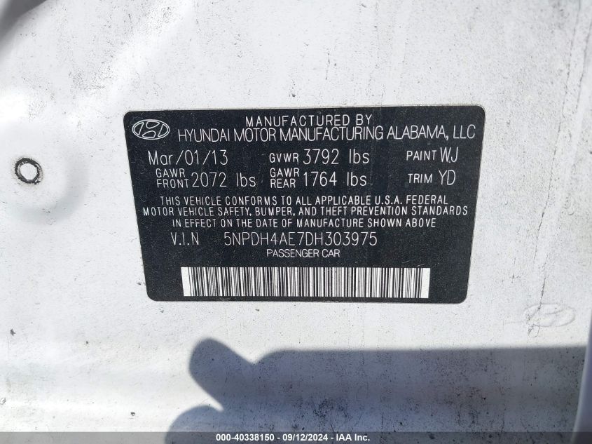 5NPDH4AE7DH303975 2013 Hyundai Elantra Gls