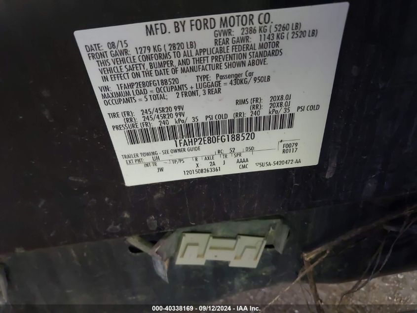 1FAHP2E80FG188520 2015 Ford Taurus Sel